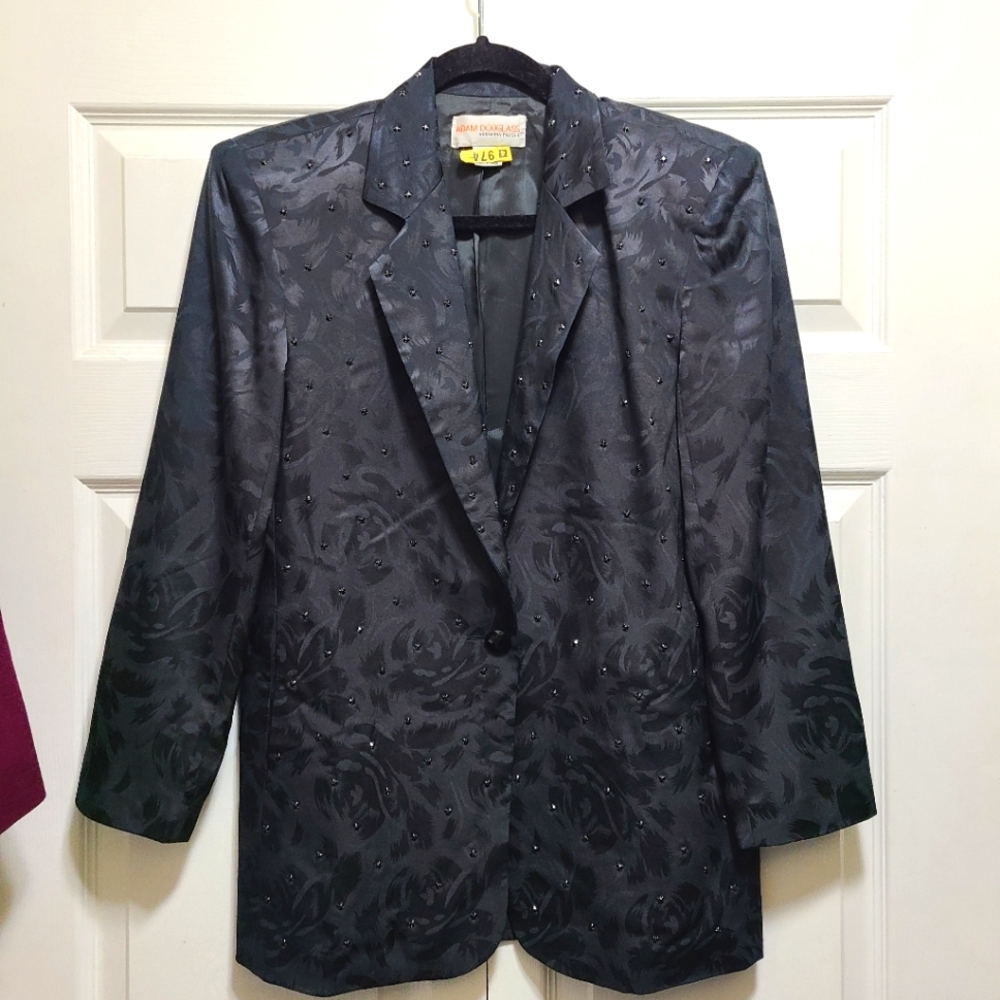 VINTAGE ADAM DOUGLASS BY‎ ADRIANNA PAPELL Black Silk suit coat blazer Mobster